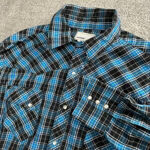 Wrangler Wrancher Shirt Size Large Pearl Snaps Plaid Blue Black Cowboy Western
